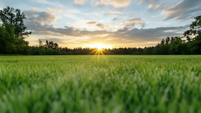 Sunrise over lush green grass field horizon morning sunlight warm golden glow calm meadow