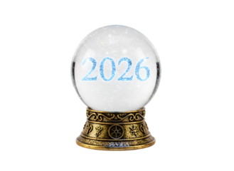 Envision 2026: Detailed Crystal Ball on Ornate Gilded Stand for Future Planning & New Beginnings on white background Isolated on Transparent Background