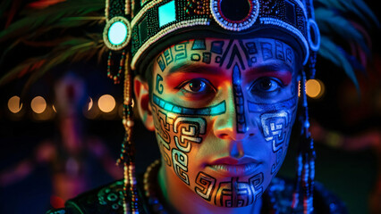 Mexican performer in mayan face paint at tropical resort show