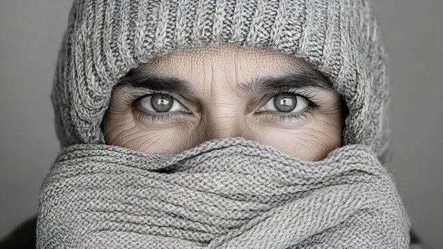 Grey knitted hat scarf wrapped over face revealing intense eyes and facial wrinkles aged person