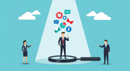 Fototapeta premium Business professionals evaluating digital data and social media icons spotlighted on executive in office environment, conceptual teamwork and analysis