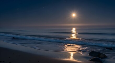Serene moonlit ocean scene at night, featuring a brilliant full moon casting its luminous reflection across the gentle, calm waves as they softly reach the tranquil shore