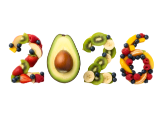 Healthy New Year 2026: Fresh Fruit & Avocado Numerals on White Background on white background Isolated on Transparent Background