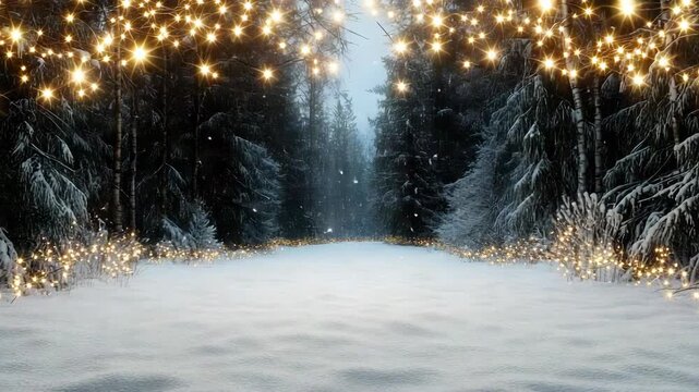 Sparkling winter forest snowfield with glowing fairy light strings and gentle snowfall evoking