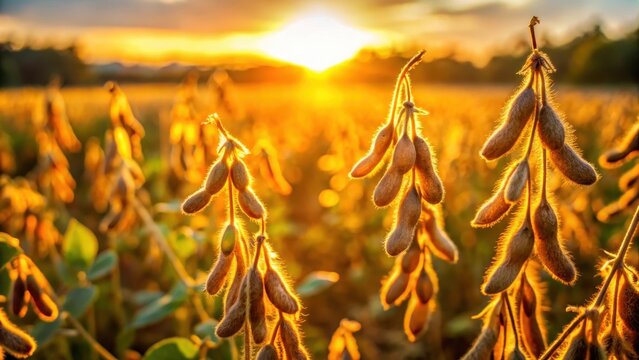 Mature soybean pods glowing in the evening sun on a soy agriculture field