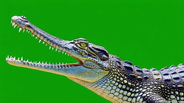 Close up of gharial with open mouth revealing sharp teeth against a green background image view crocodile green screen video