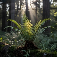 Fototapeta premium Lush Green Ferns in Sunlit Forest With Soft Morning Light and Natural Woodland Atmosphere 