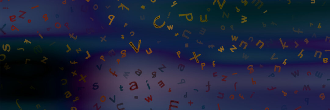 Abstract alphabet ornament on color background. Education writing design concept. Random letters fly. 3d illustration.