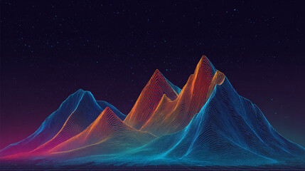 A vibrant, stylized mountain range outlined in glowing neon lines of blue, pink, and purple against a dark background.
