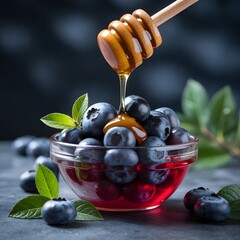 Fresh Blueberries in Glass Bowl with Golden Honey Drizzling for Delicious Natural Food Concept Photography
