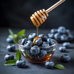 Fresh Blueberries in Glass Bowl with Golden Honey Drizzling for Delicious Natural Food Concept Photography
