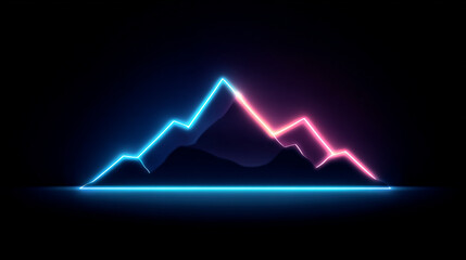 A vibrant, stylized mountain range outlined in glowing neon lines of blue, pink, and purple against a dark background.