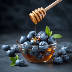 Fresh Blueberries in Glass Bowl with Golden Honey Drizzling for Delicious Natural Food Concept Photography
