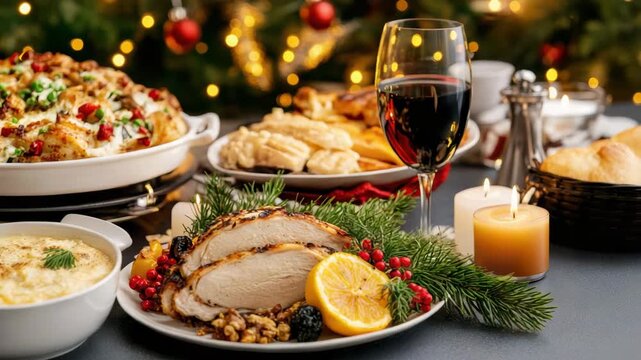 Festive roasted turkey breast with citrus rosemary, holiday dinner sides, wine glass mashed potatoes