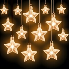 Glowing Hanging Star Lights with Pine Branch Decorations on Warm Golden Background for Festive Holiday Ambience

