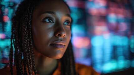 A woman looks attentively at a vibrant digital display filled with colorful data. It is evening time and she focuses on the information presented in front of her.