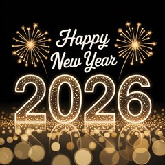 Festive Happy New Year 2026 Design with Colorful Fireworks and Golden Celebration Elements on Black Background
