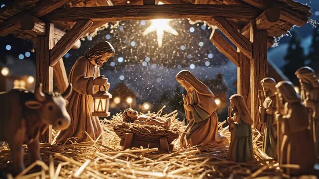 Nativity Scene Animation: Christmas Holiday Celebration & Religious Iconography, Animated Storytelling with figures symbolizing a biblical birth