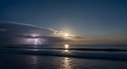 A breathtaking fusion of tranquil moonlit ocean reflections and the raw power of distant lightning illuminating the serene night sky