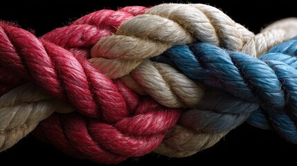 A close up view shows colorful ropes twisted together displaying red beige and blue fibers. The focus reveals the texture and details of the ropes in a dark background.
