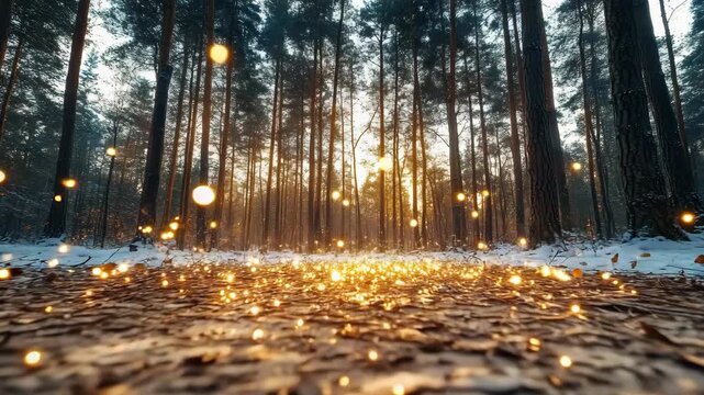 Golden light bokeh across snowy pine forest floor at sunrise with leaf litter and magic