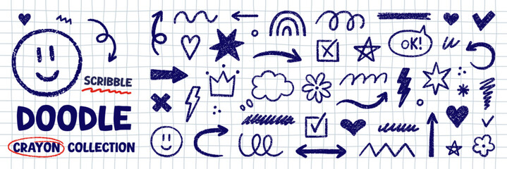 Crayon kids scribble elements, chalk blue pen brush shapes doodle set. Pencil underlines, check marks, arrows, stars and hearts in sketch style. Hand drawn vector illustration on white checkered noteb