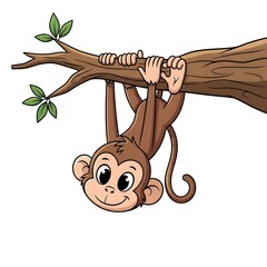 A playful, wide-eyed cartoon monkey with exaggerated features hangs upside down by its long