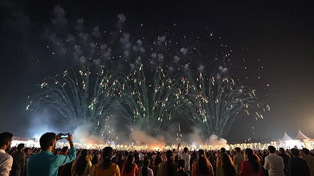 Stunning Fireworks Display at Night with Crowd of People Watching and Celebrating a Special Event or Occasion