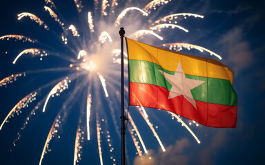 Celebrate Myanmar with vibrant fireworks illuminating the flag during national festivities and joyful patriotic celebrations