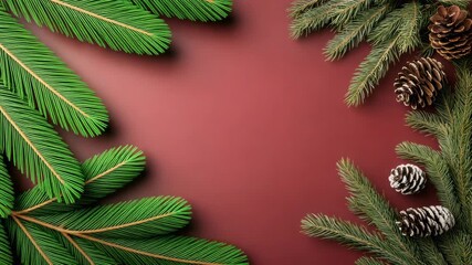 Evergreen fir branch and pine cone border red background festive holiday decoration christmas - Powered by Adobe