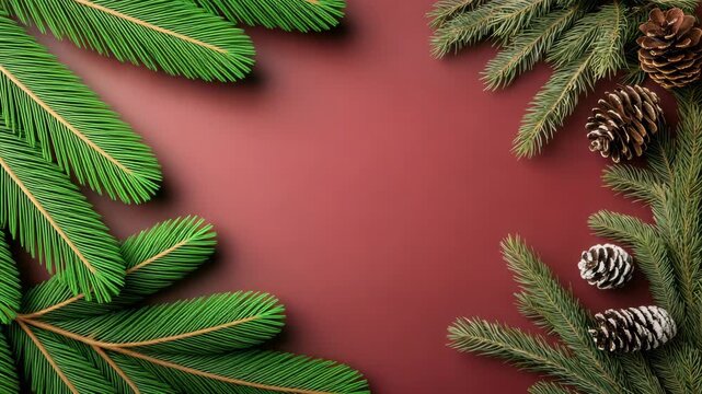 Evergreen fir branch and pine cone border red background festive holiday decoration christmas
