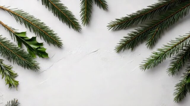 Evergreen branches and holly leaves framing textured white background with pine and fir greenery