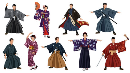 Dynamic collection of Japanese samurai warriors and elegant women in traditional kimono and hakama poses