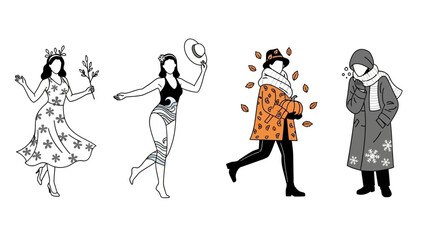 Charming line art celebrates the vibrant transition through all four seasons from spring bloom to winter chill