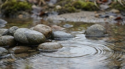 Realistic close-up of smooth wet stones surrounded by shallow ripples on a muted natural backdrop