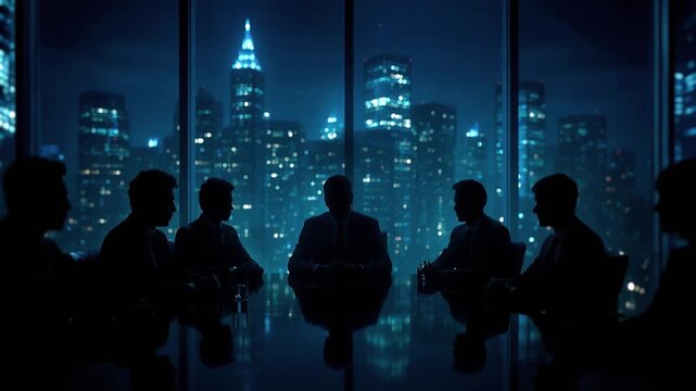 Silhouetted figures of powerful men making clandestine deals in a dark boardroom at night