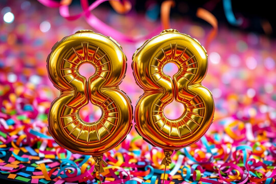 Birthday balloon number eighty eight, golden letter figure 88 celebration background AI Generative