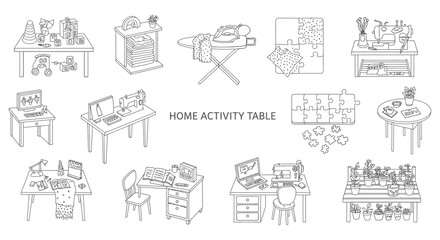 Fototapeta premium home activity table diverse hobbies crafts work play setup from sewing to gardening to computing in organized areas for lifestyle concepts