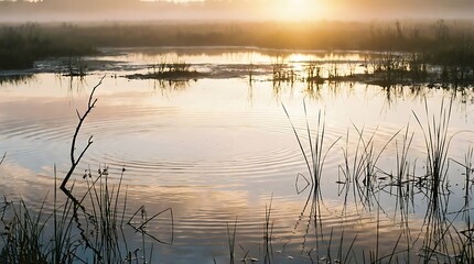 Soft morning light reflecting on shallow wetland pools with gentle ripples and minimal plant silhouettes.