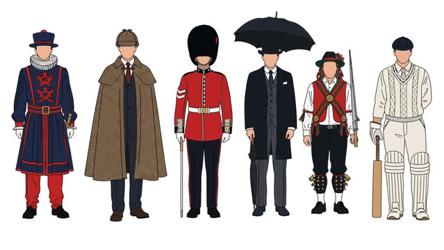 Iconic British characters lineup featuring Yeoman Warder Sherlock Holmes Guard Morris dancer and Cricketer