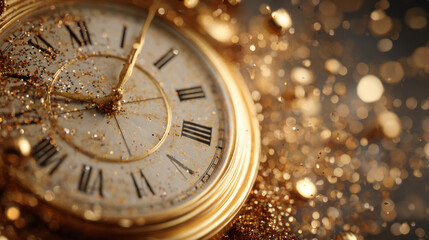 Close-up of vintage clock striking midnight with glitter, happy new year banner concept. 
