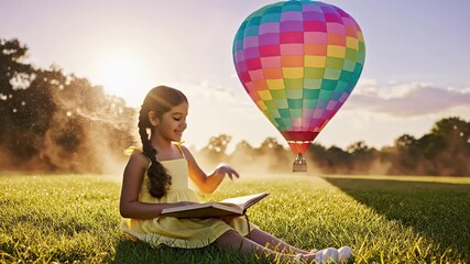 A young girl in a yellow dress reading a book on a green grass field, with a colorful hot air balloon, dreamy fantasy minimum 70 characters - Powered by Adobe