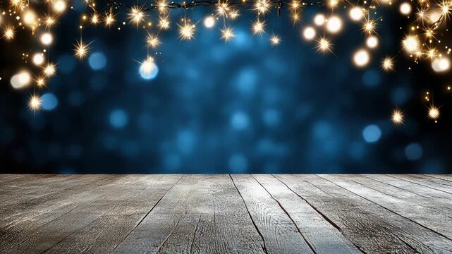 Rustic wooden floor with string light bokeh festive warm light cozy hanging fairy glow