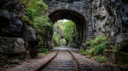 Two railway tunnels are visible in a forest area. Train tracks run through the center while trees and rocks surround the scene. It is a cloudy day and leaves show autumn colors.