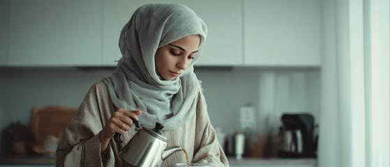 Woman in hijab pouring tea in modern kitchen
