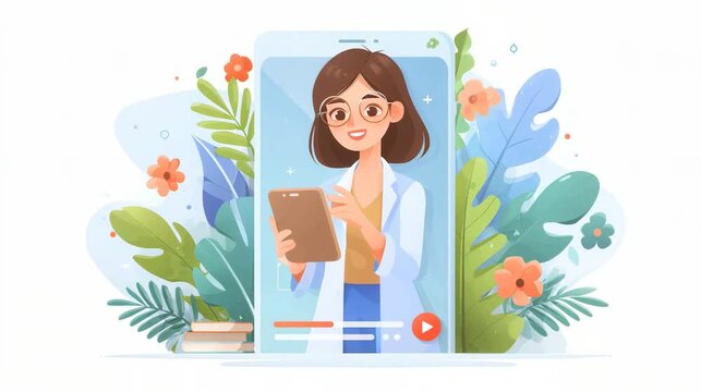 A cheerful woman in a lab coat holding a tablet with plants around her, suggesting a theme of technology and nature in a digital environment.