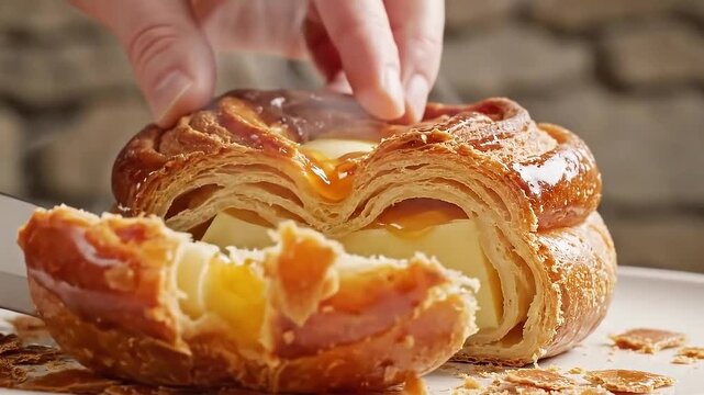 Close up cinematic shot of a chef slicing a golden brown caramelized pastry filled with cream and jam on a white plate with a blurred brick