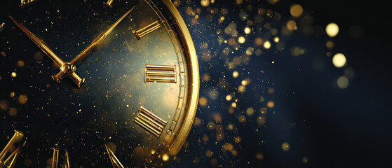 Elegant golden clock striking midnight with glitter
