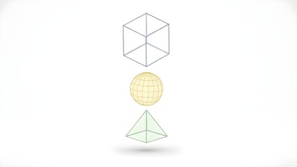 Illustration of three fundamental geometric 3D shapes: a wireframe cube, a yellow sphere, and a green wireframe pyramid, stacked vertically.