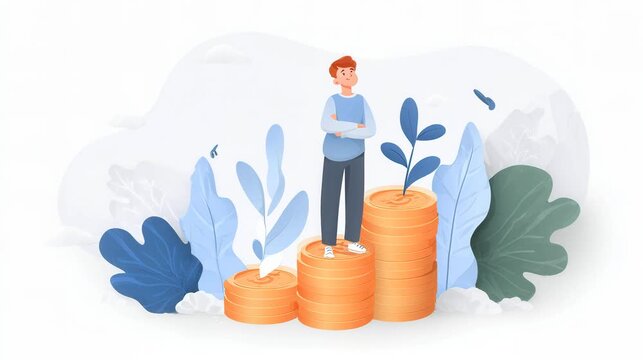 An illustration of a young person standing confidently on stacks of coins, surrounded by plants and butterflies.